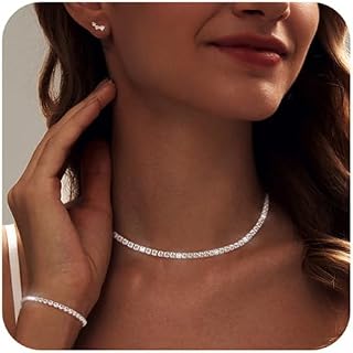 LuliiJewelry Dainty Silver Tennis Necklace Bracelet & Stud Earrings Set for Women - Adjustable Wedding Bride Jewelry Gift