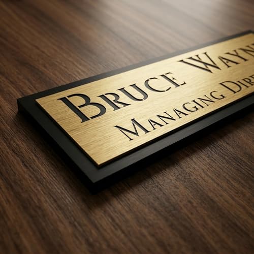 Image of Customized Self Adhesive Acrylic Name Plate for Home | Black Acrylic with Brush Gold Engraving Sheet | Personalized Door Name Plate for House, Office & Entrance (12 x 4 Inch, Brush Gold)