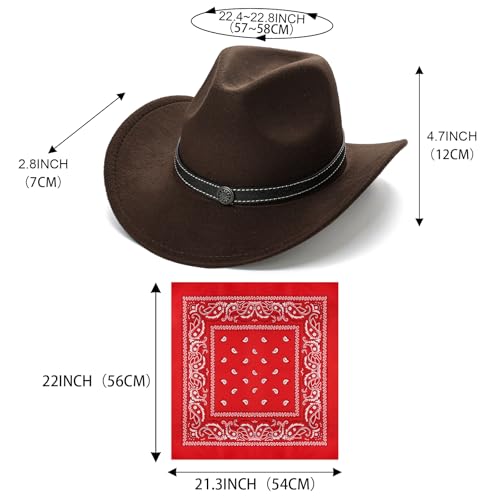 Image of Western Brown Cowboy Hat for Women Men with 3 Pcs Bandanas Felt Wide Brim Brown Cowgirl Hats for Women Cowboys and Cowgirls Halloween Costume Accessories