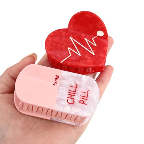 Chill Pill Red Heart Acetate Hair Claw Personal Acetate Hair Claw for Women Set of 2, Red and Pink