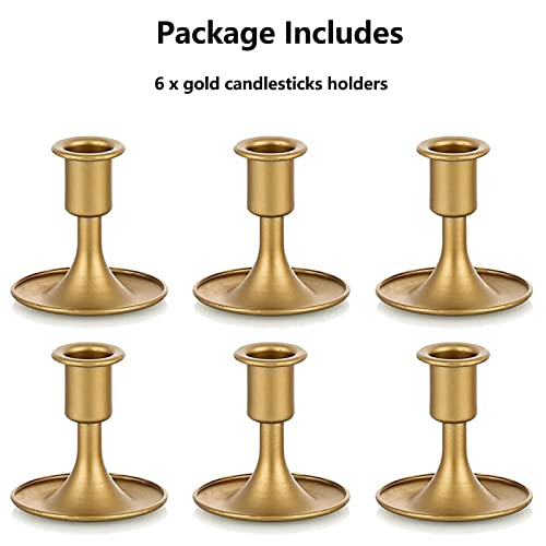 Gold Taper Candle Holder Set Of 6, Hewory Short Skinny Brass Candlestick Holders, Vintage Small Low Metal Candles Sticks For Wedding Centerpieces Christmas Birthday Party Holiday Dinning Table Decor #TOP6