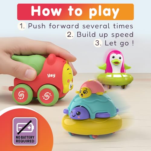 Image of Friction Powered Toy Pack of 3 for Kids with Topsy Turtle, Penguin & Carnival Car Characters with Whistle,Best Gift for Kids, 3+ Years