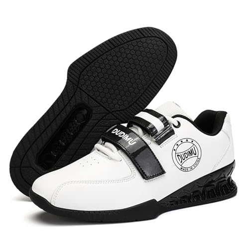 JiuQing Scarpe da Sollevamento Pesi per Uomo Scarpe da Allenamento per Squat E Stacco per Palestra E Powerlifting,Bianca,44 EU