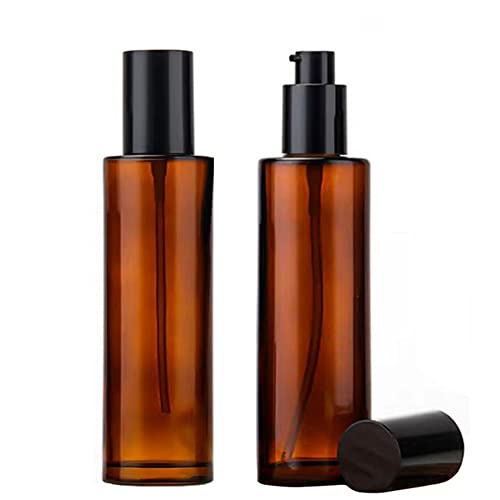 2PCS 120ml/4oz Empty Refillable Amber Glass Lotion Pump Press Bottles Soap Dispensers Containers Jars with Black Cap for Foundation Cream Makeup Removel Oil Shampoo