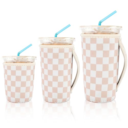 KJQJLY 3 Pack Reusable Iced Coffee Sleeves with Handle Neoprene Insulated Cup Sleeves for Hot & Cold Drinks Fits 1632 oz Cups Compatible with Starbucks Dunkin & More(Checker)