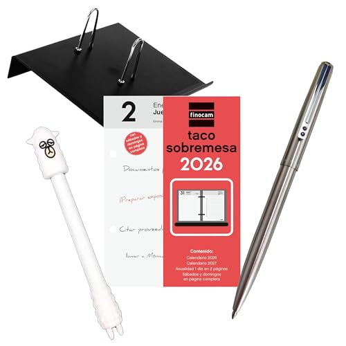 Lote de 1 Porta calendarios (soporte) FAIBO y 1 bloc taco calendario FINOCAM sobremesa escritorio año 2026 + 1 Bolígrafo Inoxcrom B77 Cromado + Bolígrafo diseño