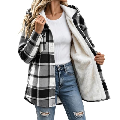 Fleece Jacket Women Plaid Fleece Lined Jackets Hooded Shacket with Pockets - image 2