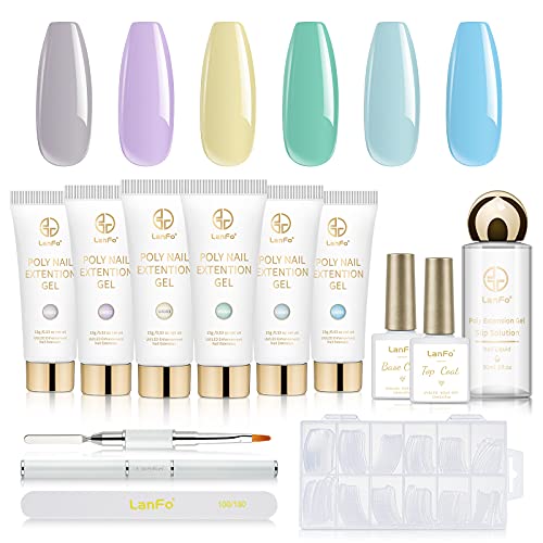 LanFo Poly Nail Gel Kit 6 Colors Nail Extension Gel Kit Nail Builder Gel Enhancement Professional Kit Acrylic Fashion Gel Set Poly Extension Gel with 30ml Slip Solution Nail Art Equipment Beginner Set