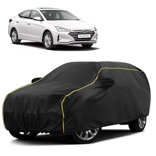 Image of Sulfar 100% Water Resistant Car Body Cover Compatible with Mirror for Hyundai Elantra (Triple Stitched, Full Bottom Elastic, Black Taffeta with Yellow Piping)