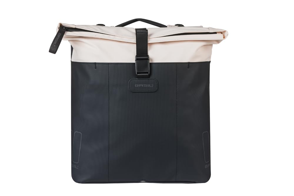 Basil Vive Podwójna torba rowerowa na bagażnik – 28-35 l – z płytą adaptera MIK – wodoszczelna, odblaskowa, wykonana z materiału z recyklingu, 30 x 14 x 38 cm, biała/czarna