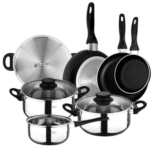 San Ignacio - Batería de cocina de 3 piezas (1.6L, 2.3L, 3.3L) en acero inoxidable y Set de 3 sartenes (16-20-24 cm) en aluminio prensado antiadherente, apto inducción