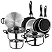 San Ignacio - Batería de cocina de 3 piezas (1.6L, 2.3L, 3.3L) en acero inoxidable y Set de 3 sartenes (16-20-24 cm) en aluminio prensado antiadherente, apto inducción