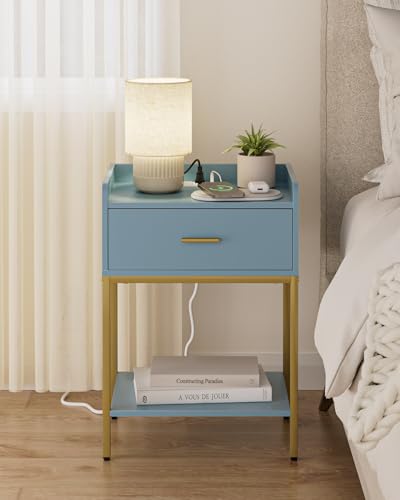Image of Masupu Nightstand with Charging Station,3-Tier Modern Bedside Night Stand with Storage Drawer and Shelf,Small End Side Table for Bedroom,Living Room,Gold and Blue