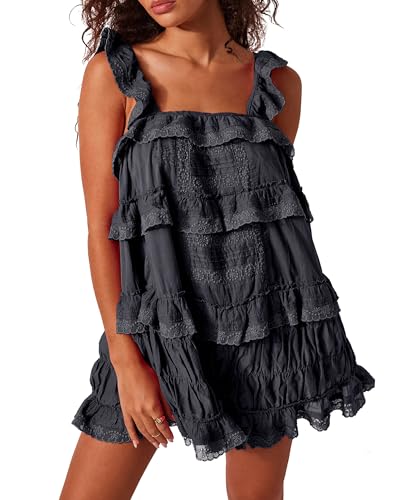 Gacaky Women's Summer Casual Sleeveless Rompers Ruffle Flowy Boho Sun Dress Loose Mini Dress with Built-in Shorts