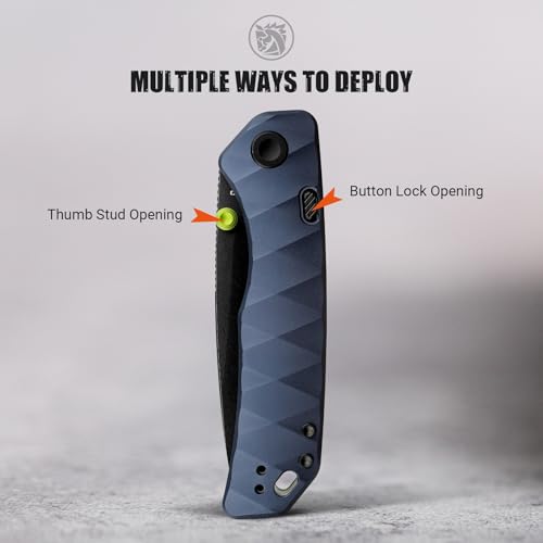 Image of Vosteed Marten EDC Folding Pocket Knife - 3.30 inch 154CM Black Stonewash Blade - Top Liner Lock, Dark Slate Blue Aluminum Handle - Camping, Fishing Knives - A1615