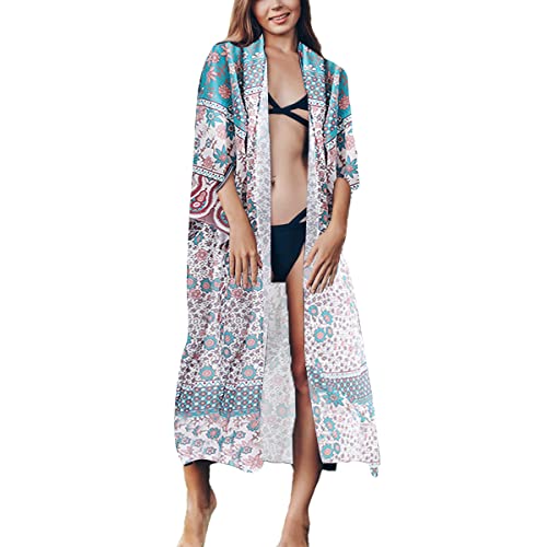 Minetom Damen Kimono Cardigan – Leichter Chiffon-Überwurf Mit Blumendruck Für Strand & Urlaub