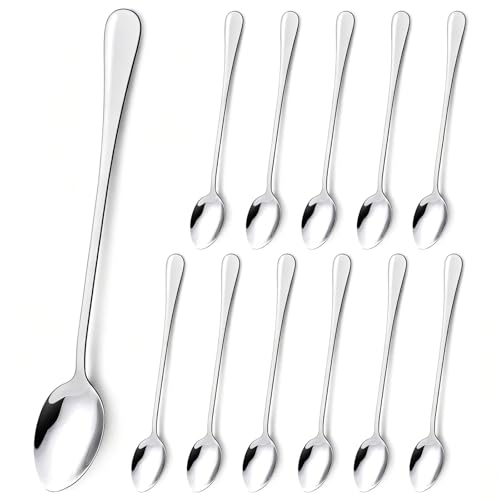 LLCS® 12 Stück Latte Macchiato Löffel Set, Edelstahl Eislöffel Lange Teelöffel Löffel Stiel Dessertlöffel Kaffeelöffel für Eiskaffee Eistee Milchshake Eisbecher kühles, 19,5 cm