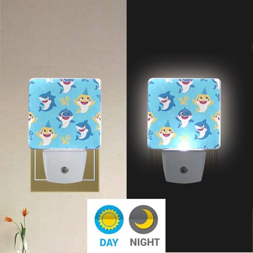 Image of Cute Sharks Night Lights 2 Pack Plug-in Wall Led Nightlight Auto Dusk-to-Dawn Sensor Lamps for Bedroom Kitchen Bathroom Hallway Stairs