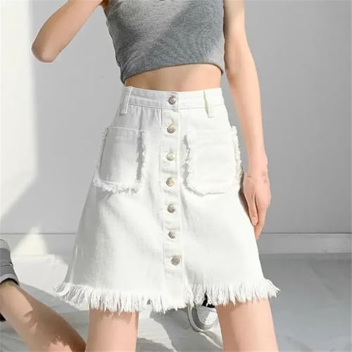 Women’S High Waisted A-Line Denim Short Skirt with Frayed Hem and Button Detail Jean Skirt with Pockets Pockets White XXL3