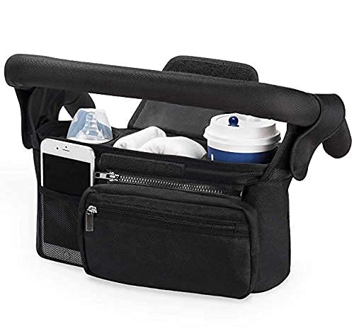SOUVA Baby Stroller Organizer with 2 Insulated Cup Holders, Universal Travel Bag Secure & Adjustable Shoulder Straps Detachable Bag, Spacious Storage for Carrying Keys, Phone, Diapers, black