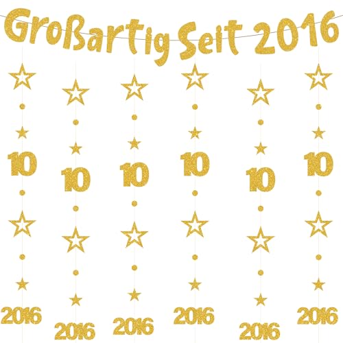 10. Geburtstag Deko Junge Mädchen - 7 Stück Gold Großartig Seit 2016 Girlanden mit Zahlen 10 und Jahreszahl, Glitzer Banner und Hängedeko für Kinder Geburtstag Feier