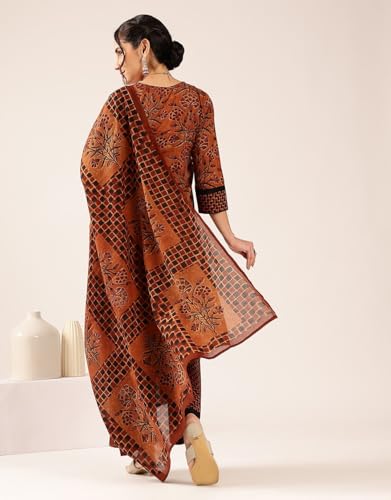 Image of Vbuyz Women's Ajrakh Print With Sequin Work Straight Kurta Palazzo With Dupatta