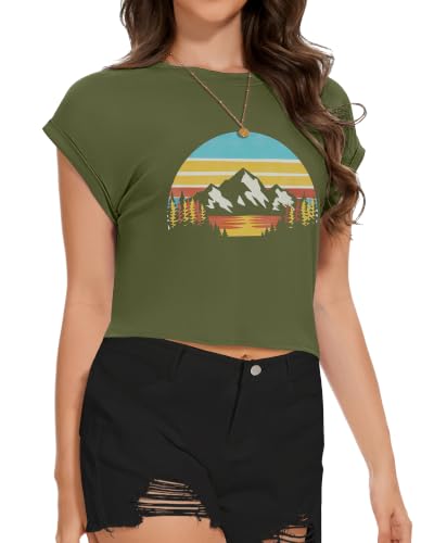 Image of Womens Crop Tops Summer Roll Cap Sleeve Cropped Tshirt Loose Fit Basic Tees