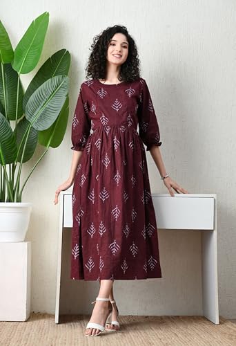 Image of Ichaa Women's Blue Cotton Printed Maternity Dress with Feeding Zips and Pocket| in Plus Sizes