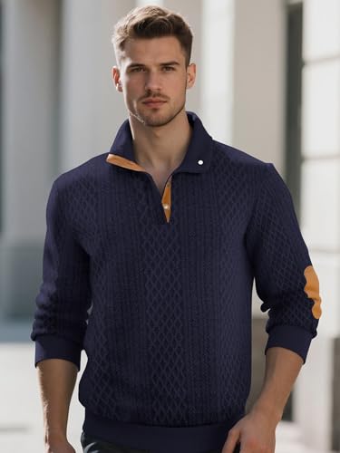 Men's Block Striped Sweatshirt Casual Outdoor Long Sleeve Stand Collar Pullover Sweatshirt Button Quarter Sweater3