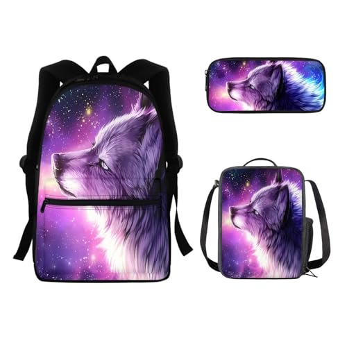 Set di zaini 3 in 1 per bambini con borsa per il pranzo per adolescenti ragazze studenti libri Lupo stellato