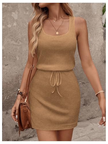 Image of RoseSeek Women's Waffle Knit Belted Tank A Line High Waisted Dresses Square Neck Sleeveless Summer Short Dress