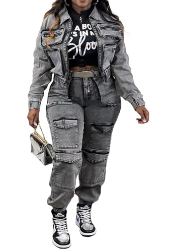 Tbahhir Cargo Denim Set Women, Jean Two Piece Outfits Long Sleeve Crop Jacket High Waisted Jeans with Pockets Y2k Trendy