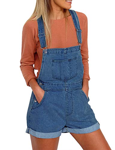 Utyful Womens Adjustable Straps Denim Bib Overalls Shorts Roll Cuff Shortalls Dark Blue Size S