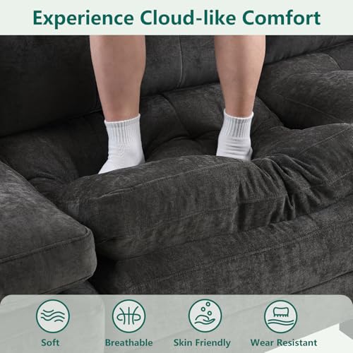 Image of Modular Sectional U Shaped Sofas Couches for Living Room, Tufted Cloud Couch with 2 Movable Ottomans, Comfy Chenille Deep Seat Sofa with Soft Pillows for Bedroom and Apartment, Black