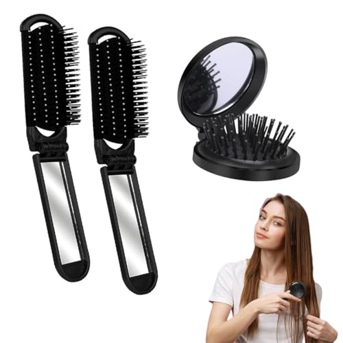 Cepillo de pelo plegable de 3 piezas con espejo, cepillo de bolsillo, relajante y masajeador del cuero cabelludo, peine brillante, cepillo pequeño y compacto.