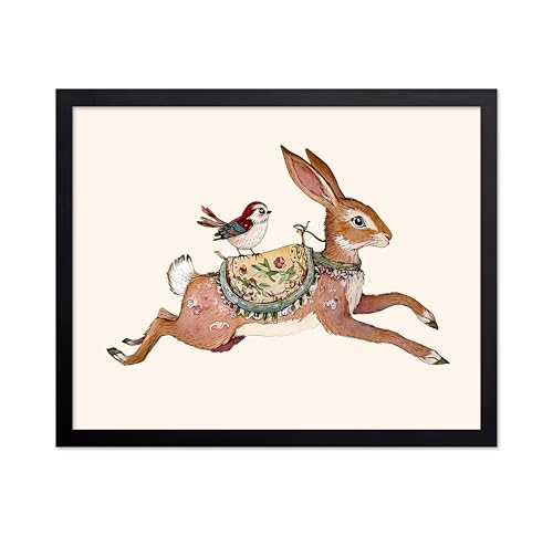 Monem Art Whimsical Rabbit Print - Nursery Poster - Bunny & Bird Art - Fun Playroom Wall Design - Cute Animal Art - Boho Kid's Room or Nursery Decor - 11x14 UNFRAMED Wall Art