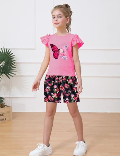 Image of mksodop Girls outfits 2-Piece ruffled short sleeve butterfly floral print high waist floral shorts girls summer clothes