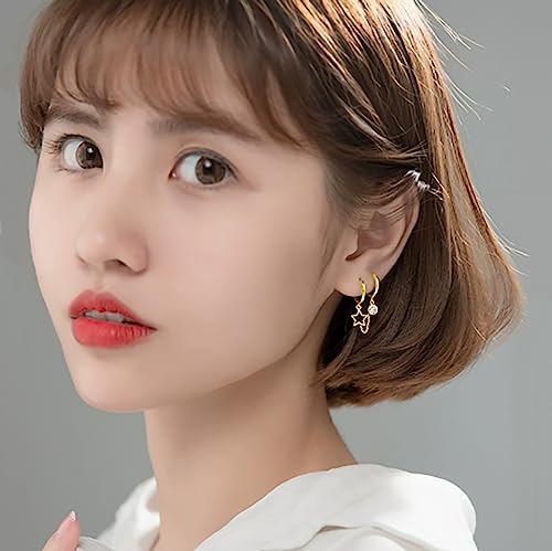 SLUYNZ Solid 925 Sterling Silver Black Star Double Hoop Earrings Chain for Women Teens CZ Double Piercing Earrings Huggie Earrings3