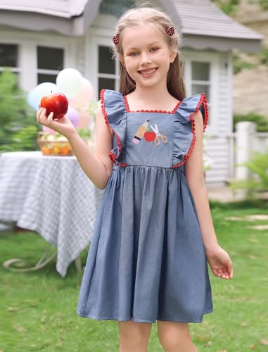 IMEKIS Toddler Kids Girls Back to School Dress Embroidered Apple Pencil Ruffle Sleeve Clothes 3-8T3