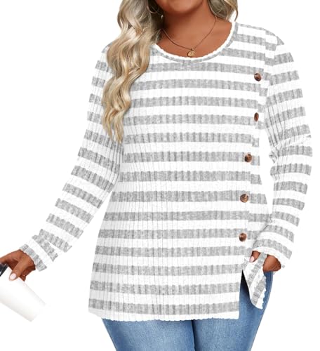 Image of HOTGIFT Womens Plus Size Sweater Tops Long Sleeve Crewneck Casual Tunic Shirts Buttons XL-5XL Blouse Soft Comfy Fashion