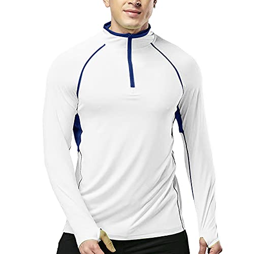 Fitness Uomo Trimestre Cerniera Lampo in Esecuzione Attivo Magliette Allenarsi Lungo Manica Maglia con Pollice Fori Bianca L