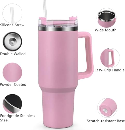 Image of Zephorus Personalized Stainless Steel Tumbler with Handle, 1200ml Capacity, Black Insulated Travel Mug with Straw, Custom Name Design (Pink)