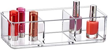 Amazing Abby - Glamour - Acrylic 3-Compartment Makeup Organizer, Transparent Plastic Lipstick Holder, Perfect Bathroom Vanity Storage Solution for Lipsticks, Nail Polishes, and More