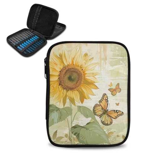 Image of Crochet Hook Case Sunflower Crochet Hook Holder Portable Crochet Hook Storage Bag with Web Pockets Suitable for Crochet Needles /Knitting Accessories