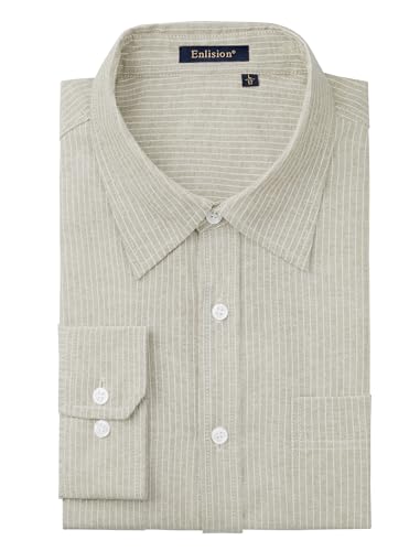 Enlision Hemden für Herren Langarm Beige Weiß Gestreifte Oxford Herren Hemd Casual Freizeithemden mit Brusttasche Button Down für Outdoor Party L