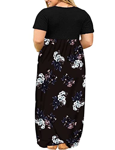 Image of Kancystore Women's Plus Size Maxi Dress with Pockets Summer Dresses XL-5X | Plus Size High Waisted Long Length Beach Dress, Empire Waist Round Neck Casual Dress, Solid Striped Floral Tie Dye Colors