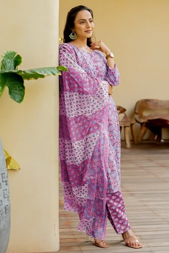 Image of MIRCHI FASHION Women's Straight Fit Pure Cotton Embellished Floral Printed Kurta Set with Dupatta and Trouser