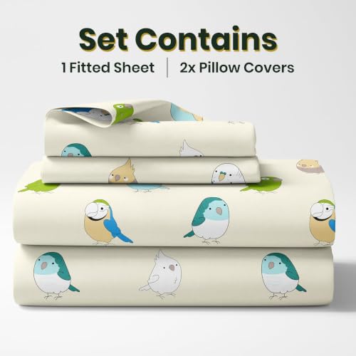 Image of LORETO - A QUALITY LINEN BRAND 186 TC 100% Pure Cotton Double /Queen Fitted Bedsheet with 2 Pillow Covers for 78 x 60 Inch Mattress, All-Around Elastic, 8 Inch Deep Pocket, Multicolor Birds
