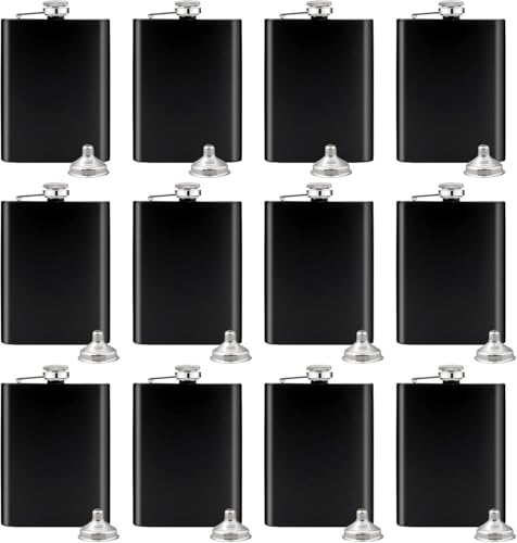 12 petacas de acero inoxidable para alcohol, color negro mate, a prueba de fugas, con 12 embudos, para pesca, camping, caza, senderismo, viajes (negro, 227 ml)