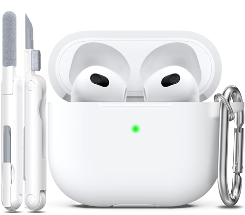 R-fun Capa compatível com AirPods 3, acessórios de proteção de silicone com chaveiro compatível com Apple AirPod 3ª geração 2021 para mulheres, homens e meninas, meninos, LED frontal visível, branco